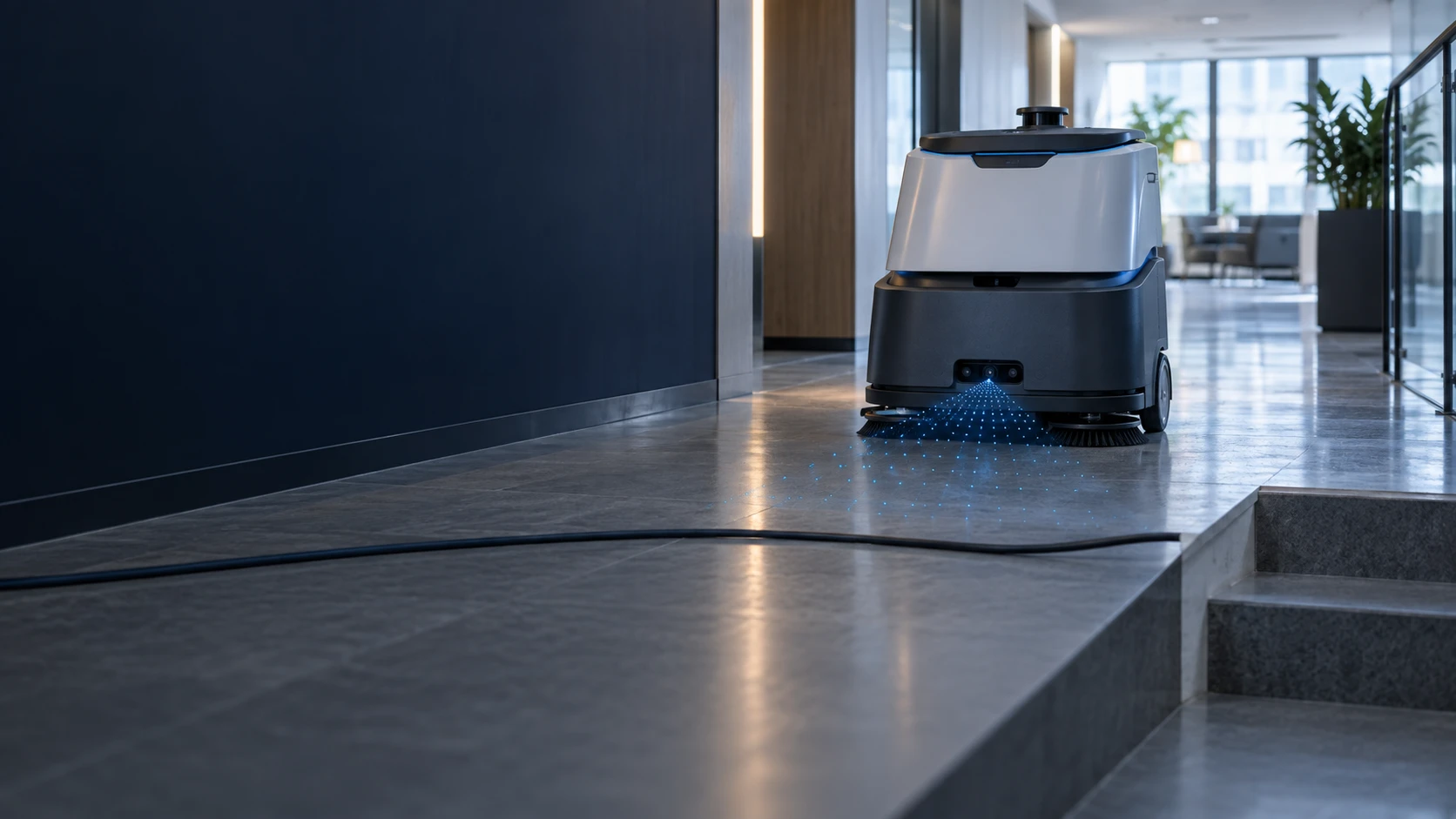 Commercial cleaning robot using a front-mounted 3D depth camera to observe a low cable and a nearby stair edge