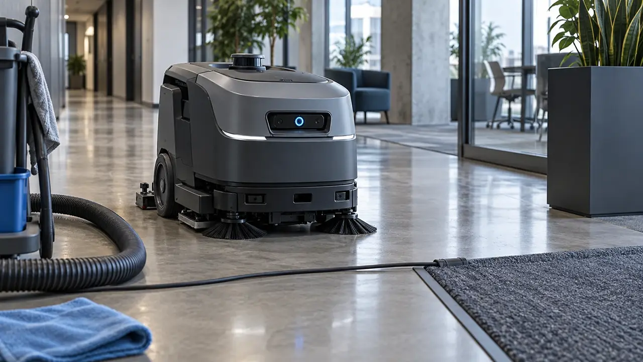 Autonomous floor-cleaning robot using a front-mounted depth camera near a low cable, hose and floor mat