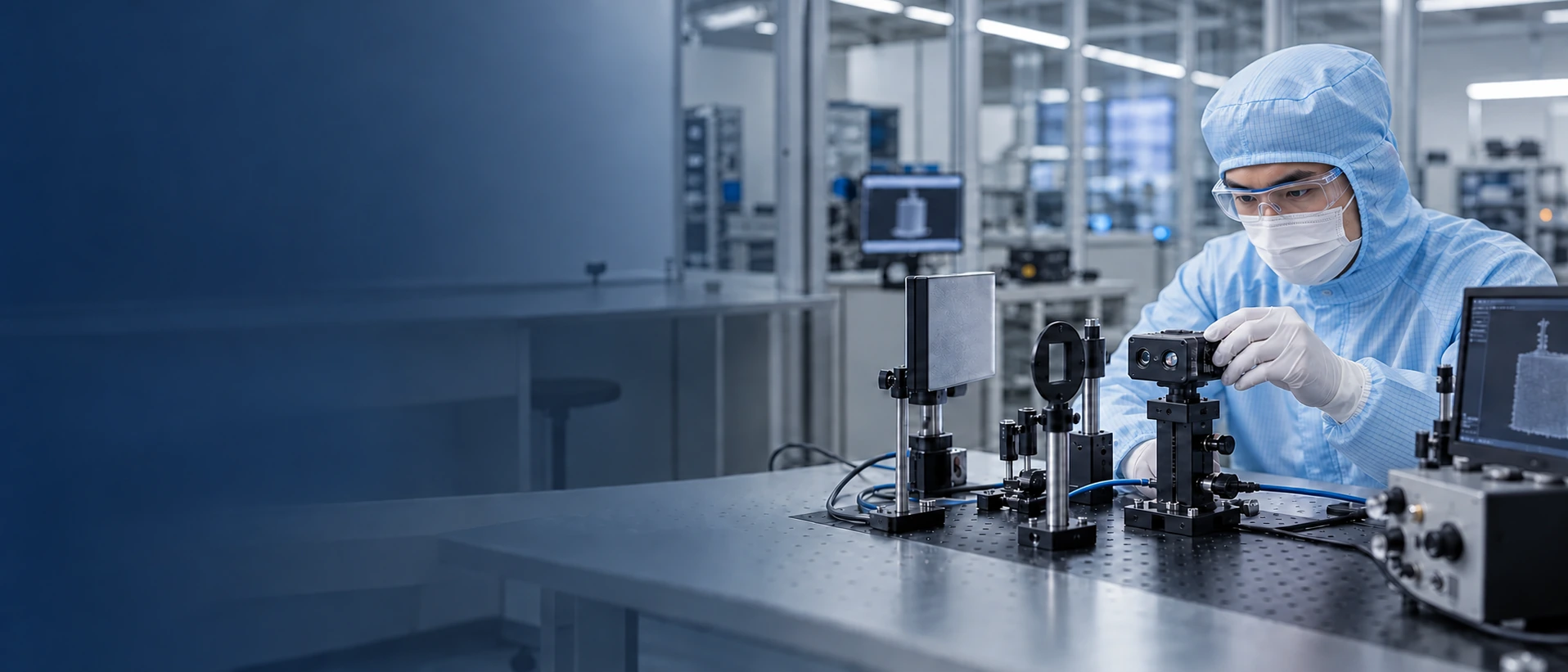 DOMI engineer calibrating a 3D ToF depth camera module in an optical testing laboratory