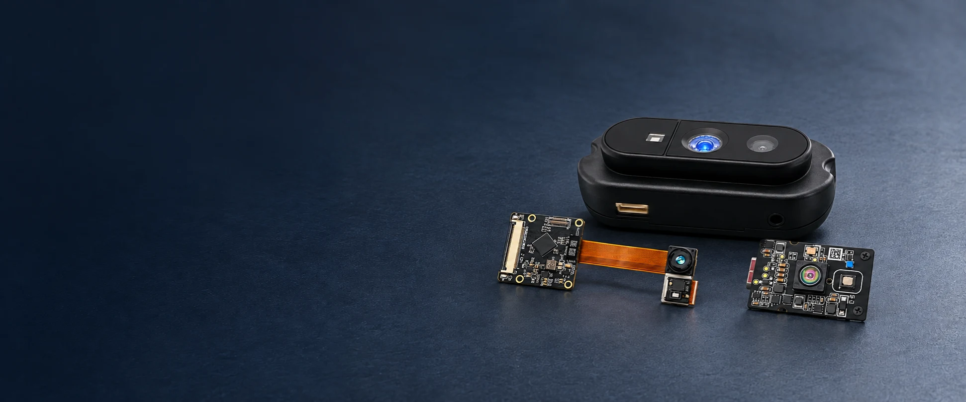 DOMI RGB-D camera, MIPI ToF camera module and compact dToF sensor on a dark blue surface