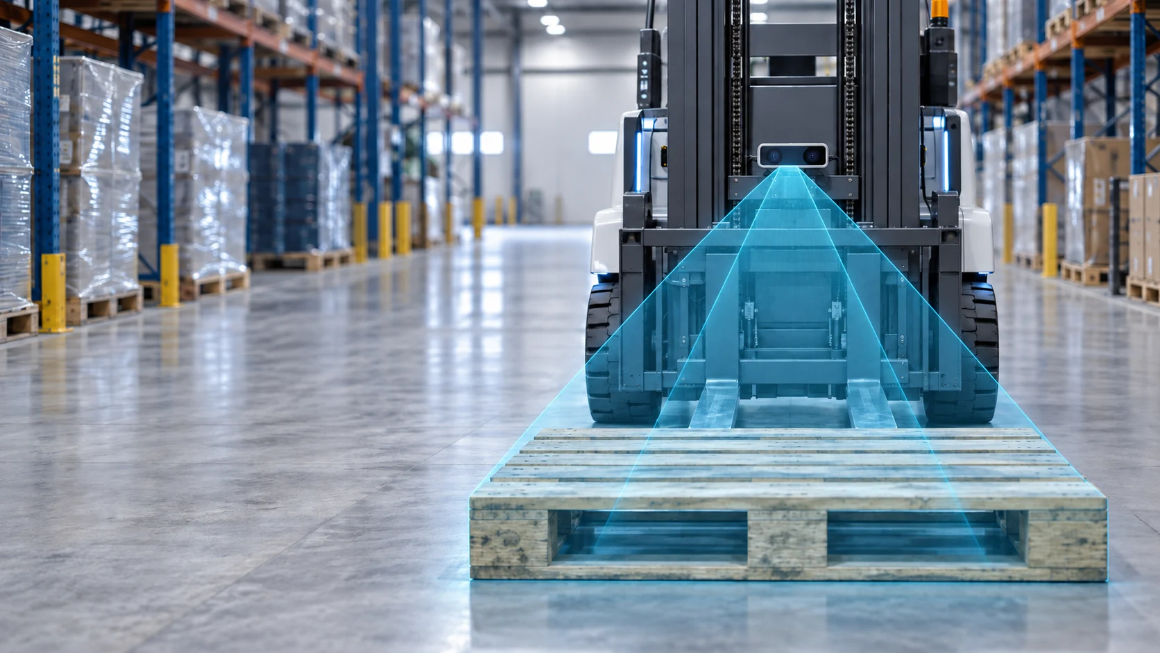 Autonomous forklift aligning its forks with a wooden pallet while a mast-mounted depth camera observes the docking approach