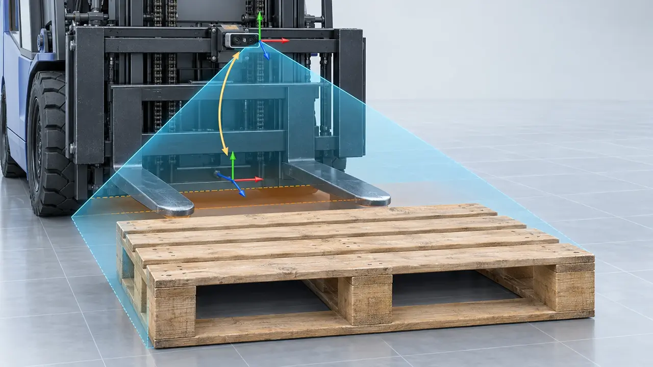 Forklift mast and carriage with a forward-facing depth camera, fork-pocket field of view and camera-to-fork calibration concept