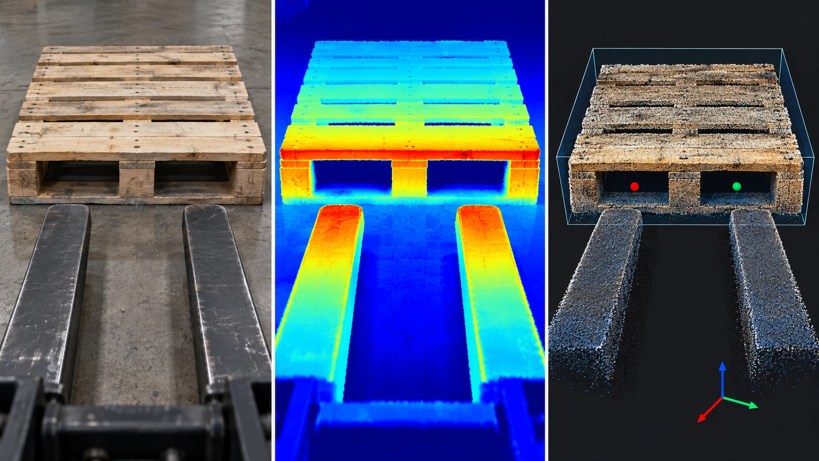 RGB, depth and 3D point-cloud views of an autonomous forklift approaching pallet fork pockets