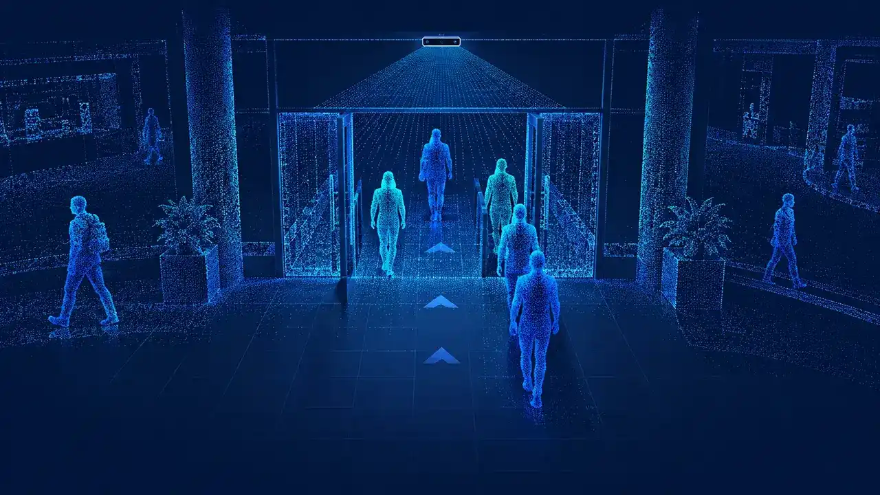 Abstract depth point-cloud view of anonymous people crossing a shopping mall entrance