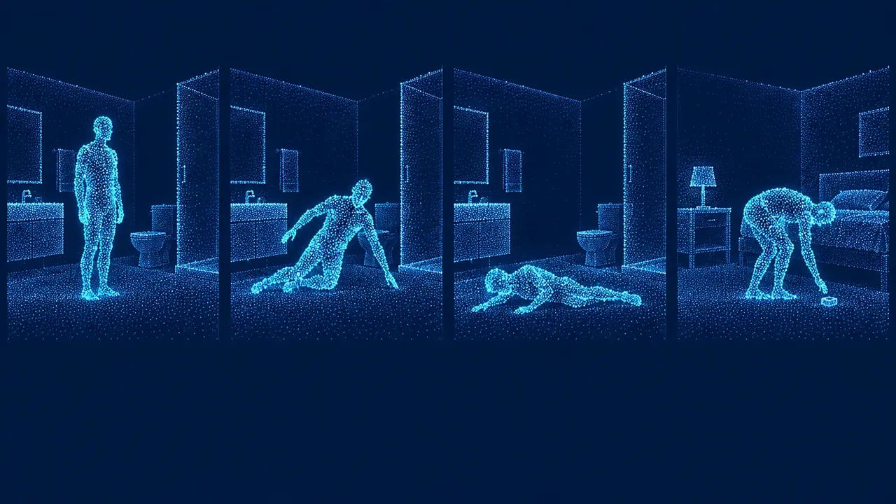 Conceptual depth-only point-cloud sequence comparing standing, downward motion, low position and bending