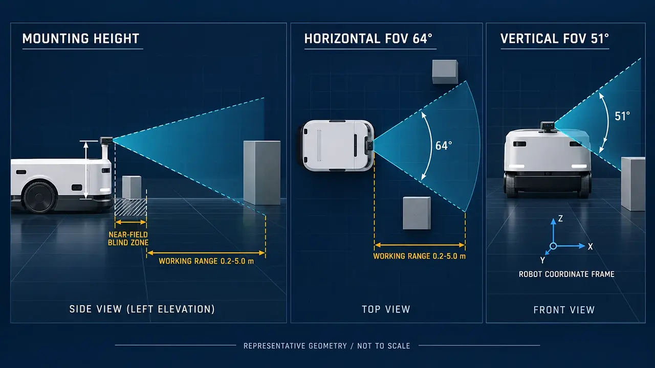 Representative robot depth-camera mounting and field-of-view geometry with ground coverage, robot footprint and coordinate frame