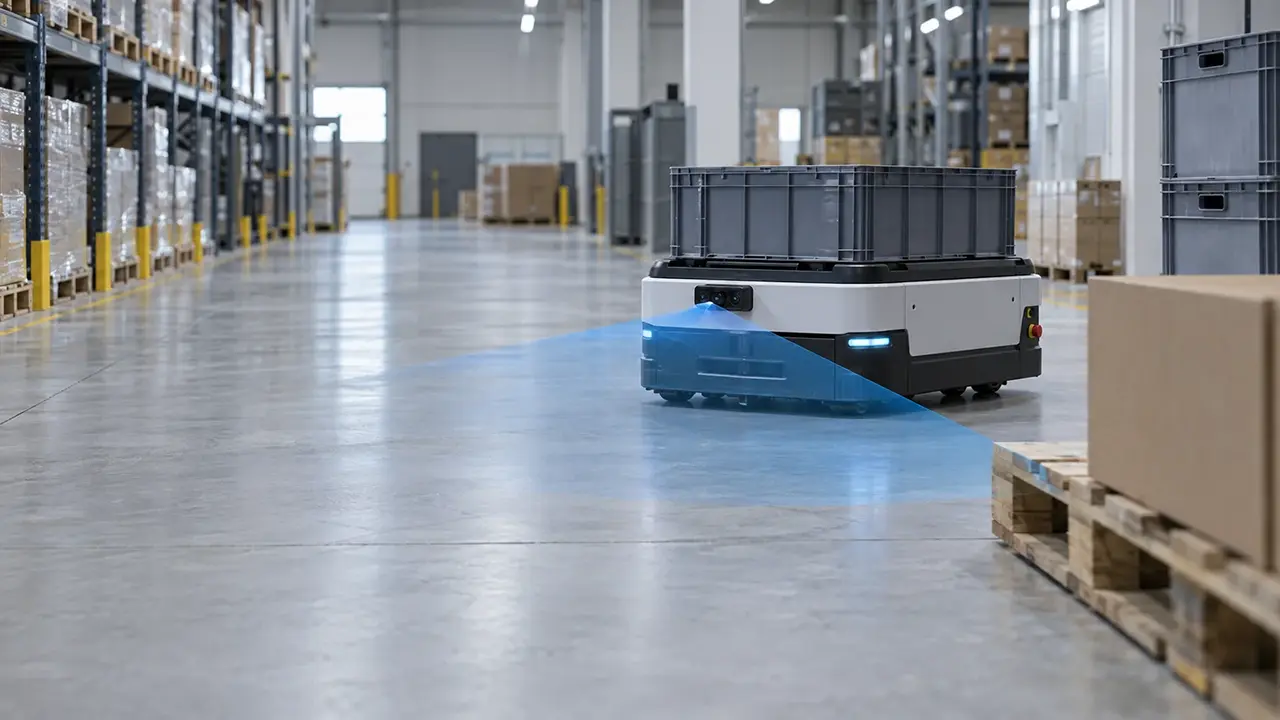 Depth sensing view of an autonomous mobile robot navigating a warehouse aisle