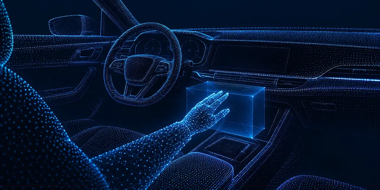 Abstract depth-only point cloud showing an automotive cabin gesture zone