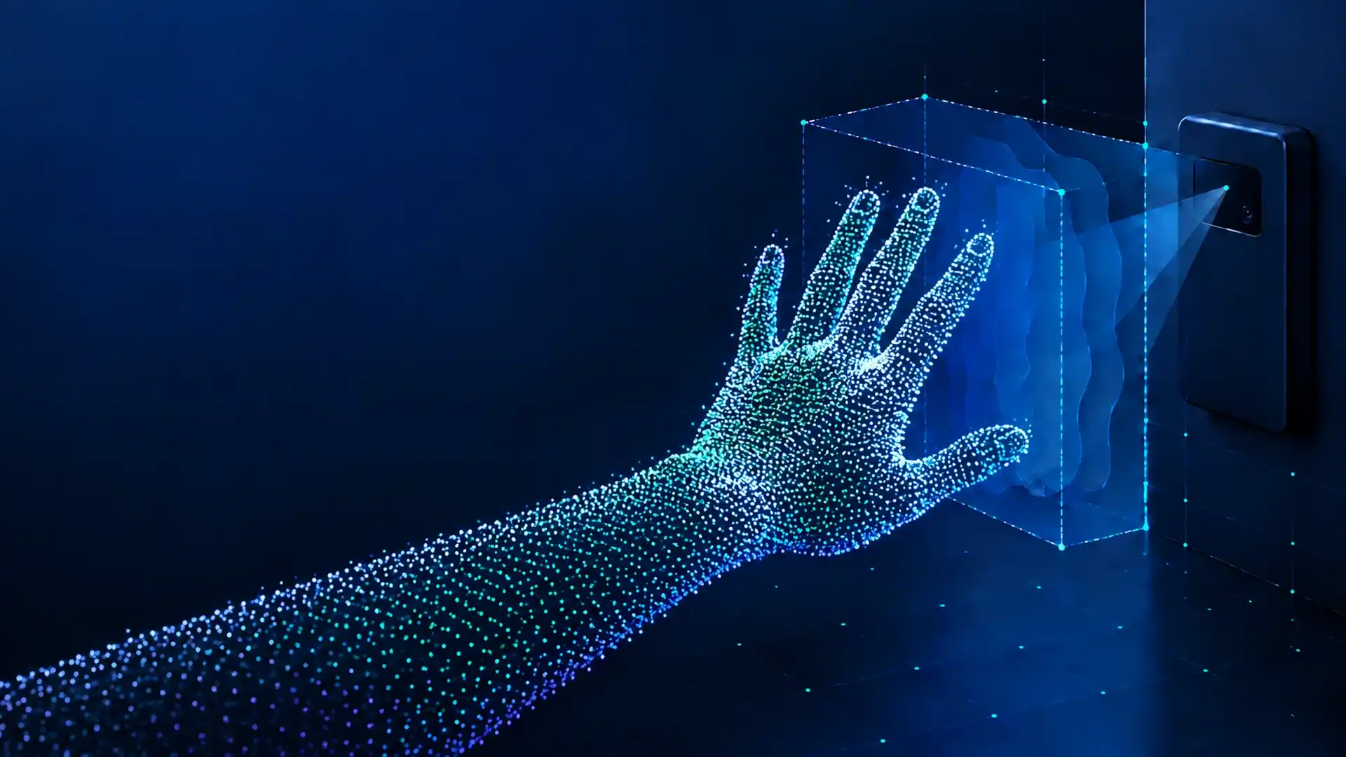 Abstract depth-only point cloud showing an anatomically coherent anonymous hand moving through a defined gesture zone