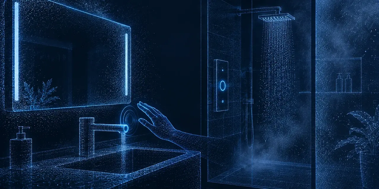 Abstract depth-only point cloud showing a smart mirror, faucet and shower gesture zone