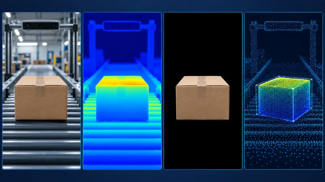 RGB-D parcel dimensioning pipeline with a camera view, ToF depth map, segmentation mask and 3D point cloud