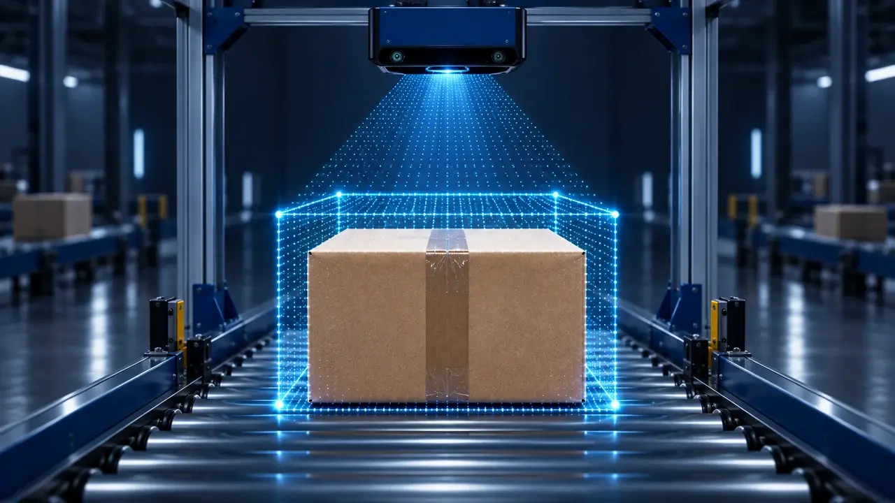 Depth-sensing view of a parcel inside a three-dimensional volume measurement frame on a logistics conveyor