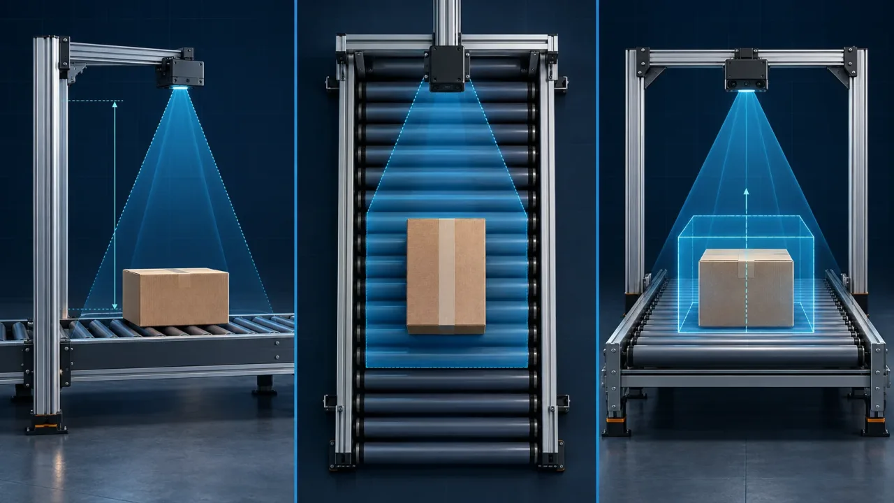 Overhead 3D ToF camera geometry for conveyor parcel dimensioning, showing field of view and calibrated measurement volume
