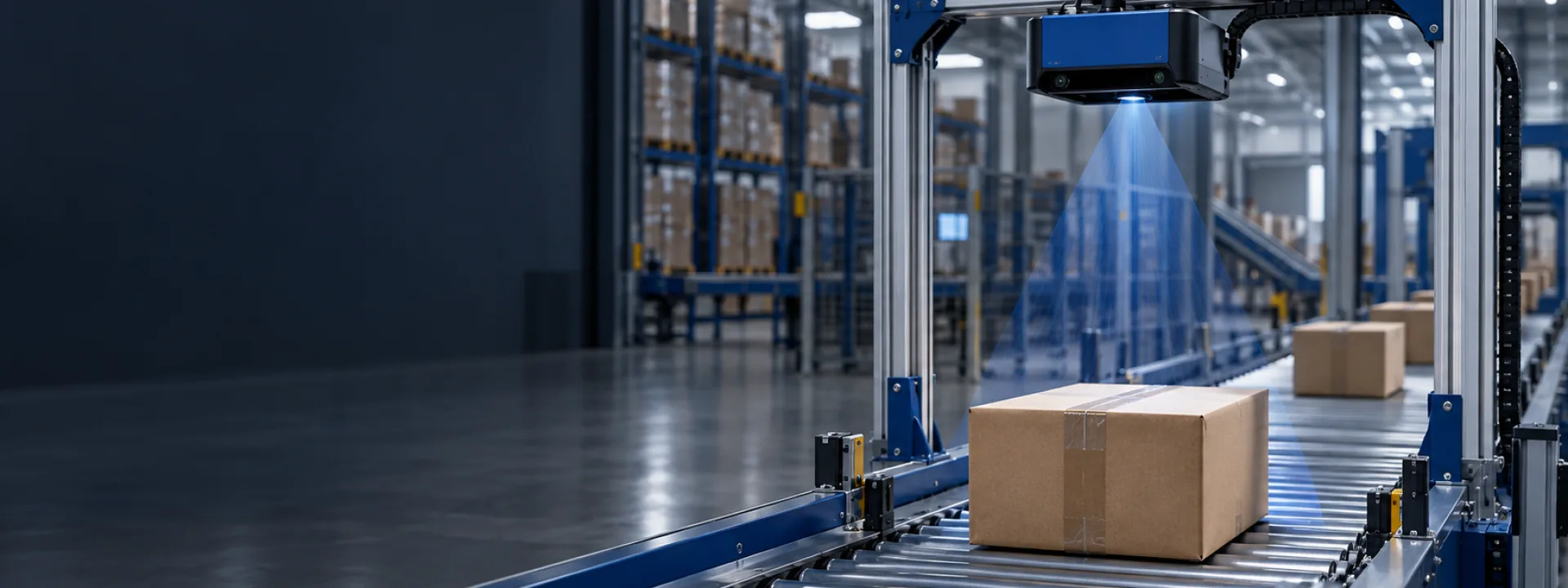 Automated parcel conveyor with an overhead ToF camera scanning a carton in a warehouse