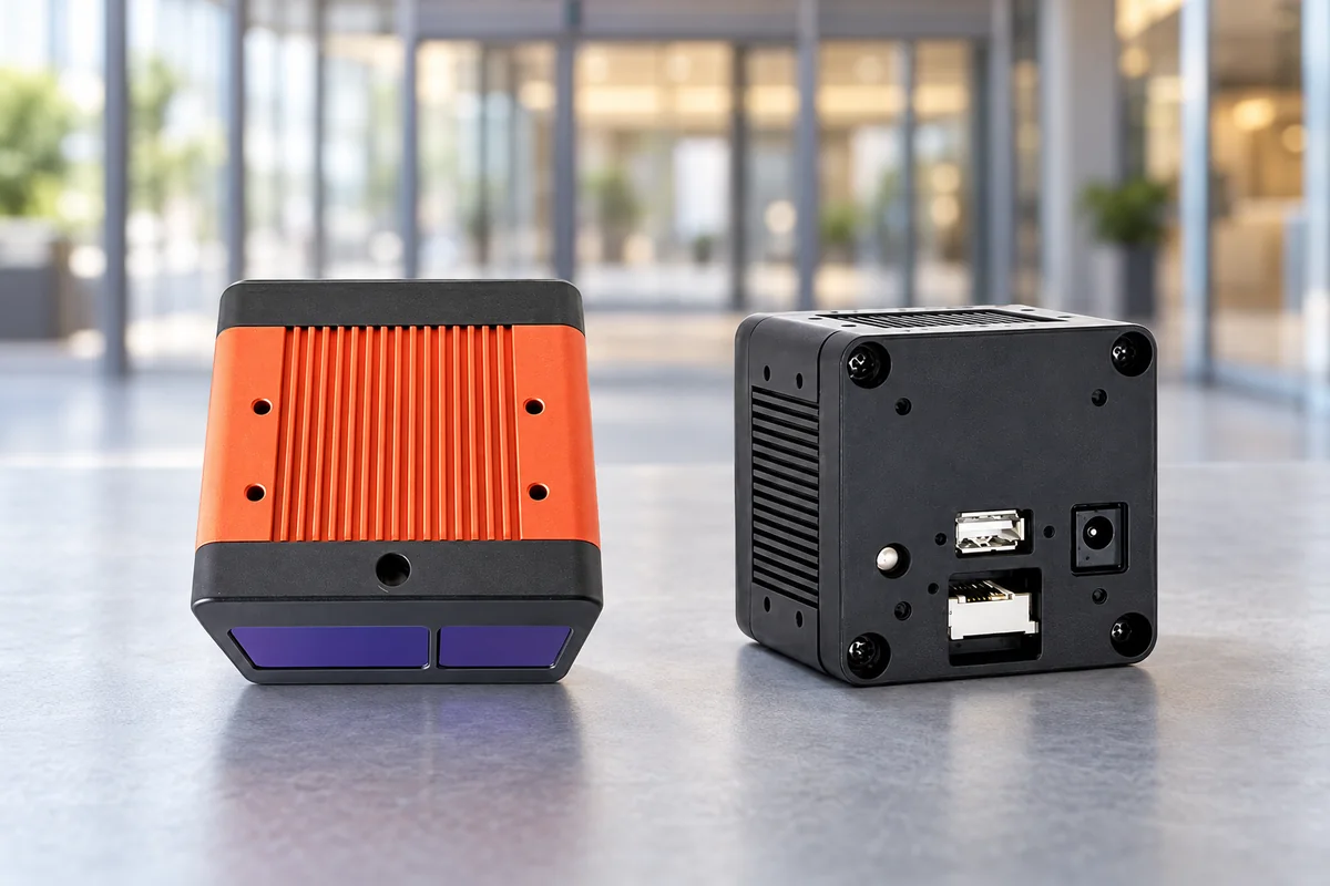 Two views of the DM-PS2601-VGA Ethernet ToF people-counting camera against a softly blurred commercial entrance.