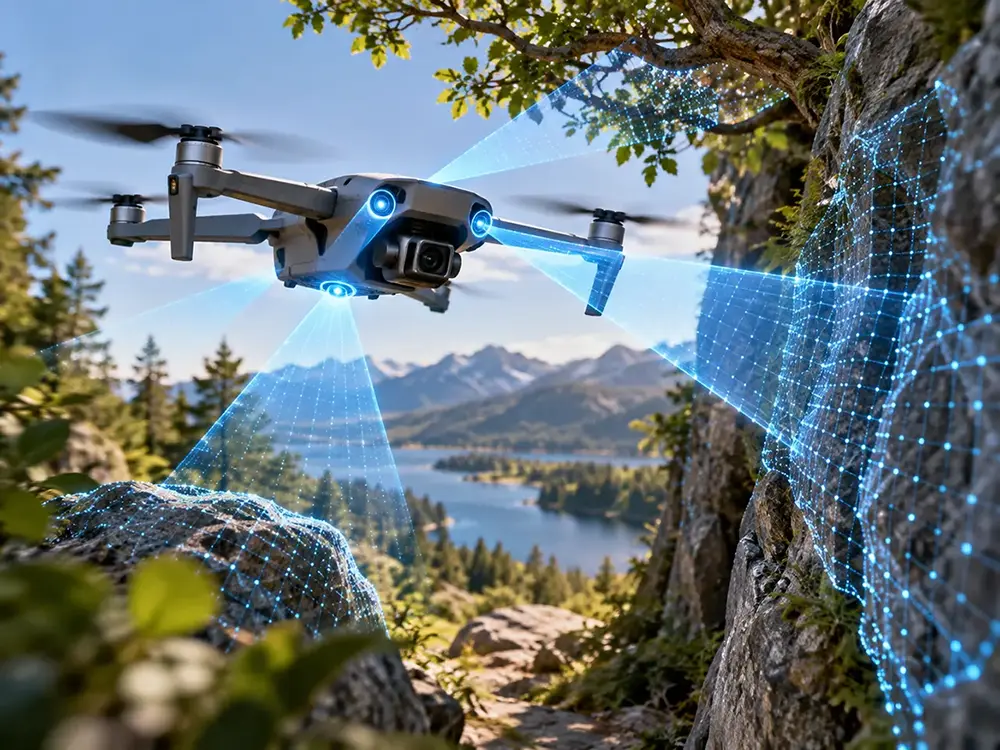 Drone using ToF sensors for real-time obstacle detection and avoidance during autonomous flight.