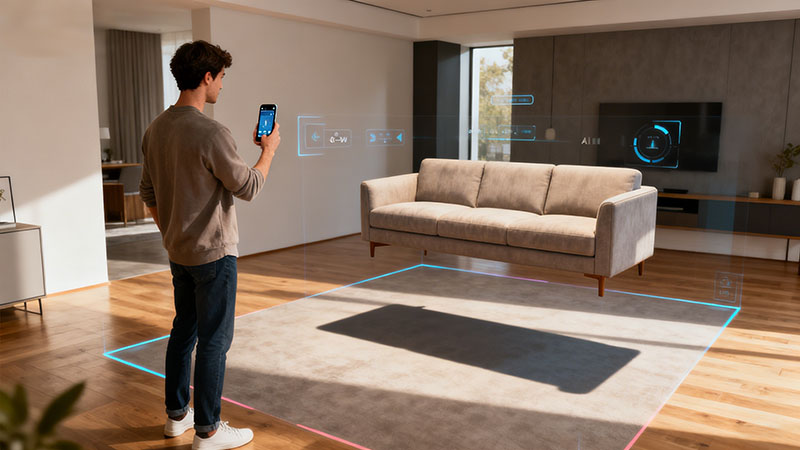 An AR user placing virtual furniture in a room, aligned realistically with the floor and walls using AI-enhanced ToF