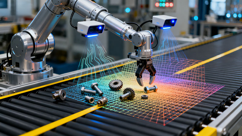A robotic arm picking up items on a conveyor belt using AI-enhanced ToF depth data