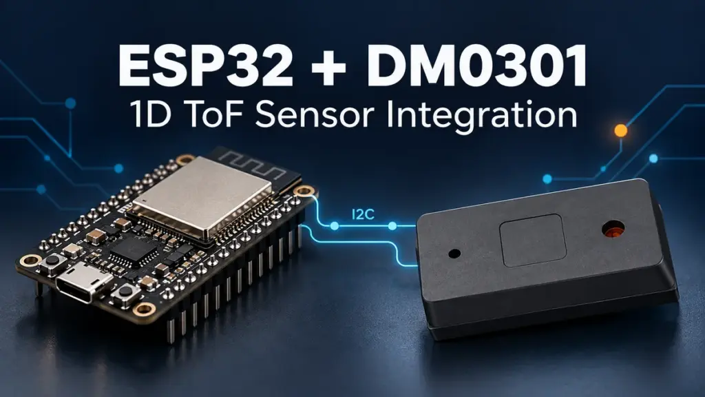 ESP32 development board and DM0301 1D ToF sensor illustrating I2C integration
