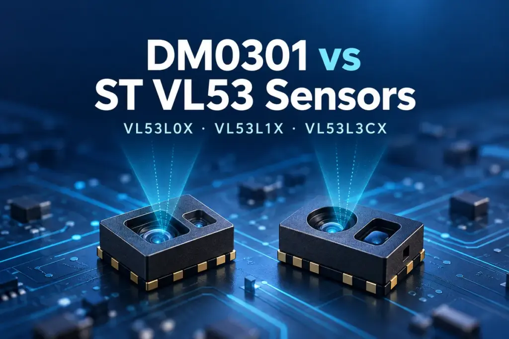 Conceptual optical sensors illustrating DM0301 versus ST VL53L0X, VL53L1X and VL53L3CX selection.