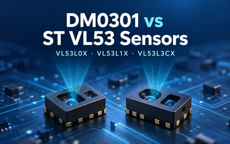 Conceptual optical sensors illustrating DM0301 versus ST VL53L0X, VL53L1X and VL53L3CX selection.