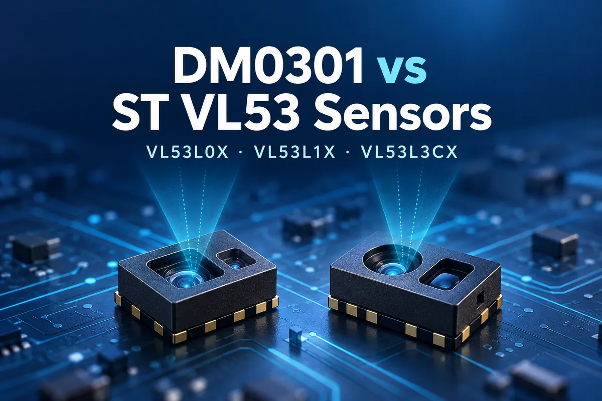 Conceptual optical sensors illustrating DM0301 versus ST VL53L0X, VL53L1X and VL53L3CX selection.