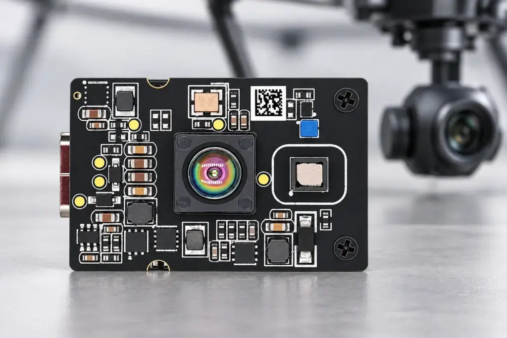DMAS2M001 area-array ToF sensor module with a softly focused UAV camera gimbal in the background.