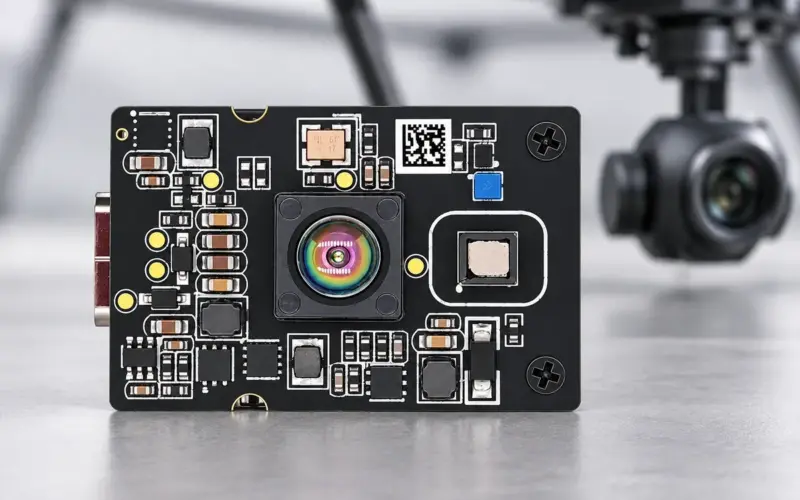 DMAS2M001 area-array ToF sensor module with a softly focused UAV camera gimbal in the background.