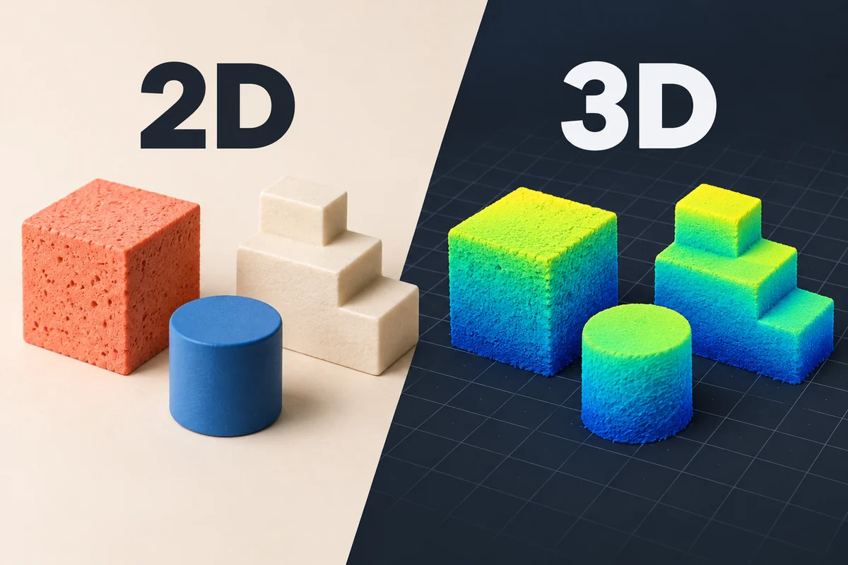 Illustrative comparison of color appearance and depth geometry for the same three objects.