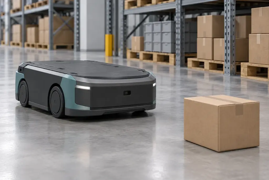 Application illustration of a warehouse AMR with a small front sensor facing a carton.