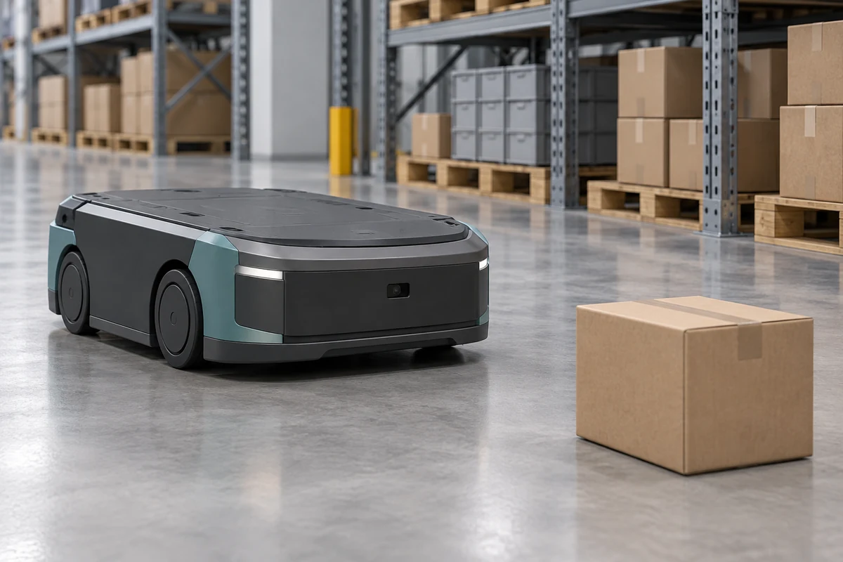 Application illustration of a warehouse AMR with a small front sensor facing a carton.