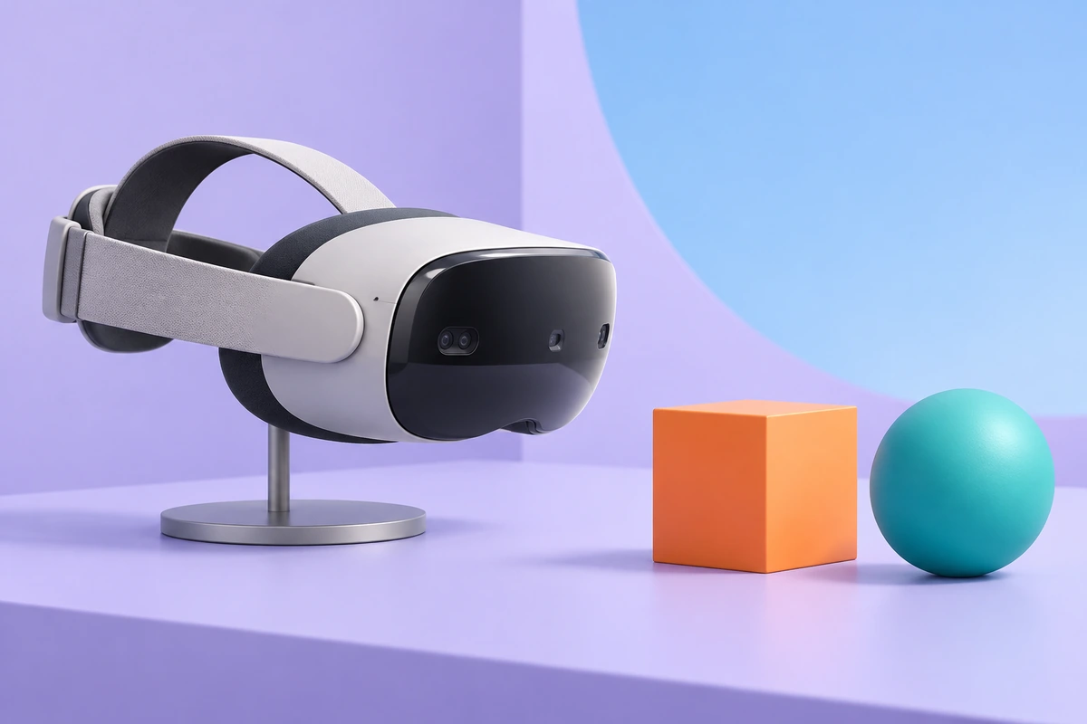 Application illustration of an AR headset with integrated front optical windows facing tabletop objects.