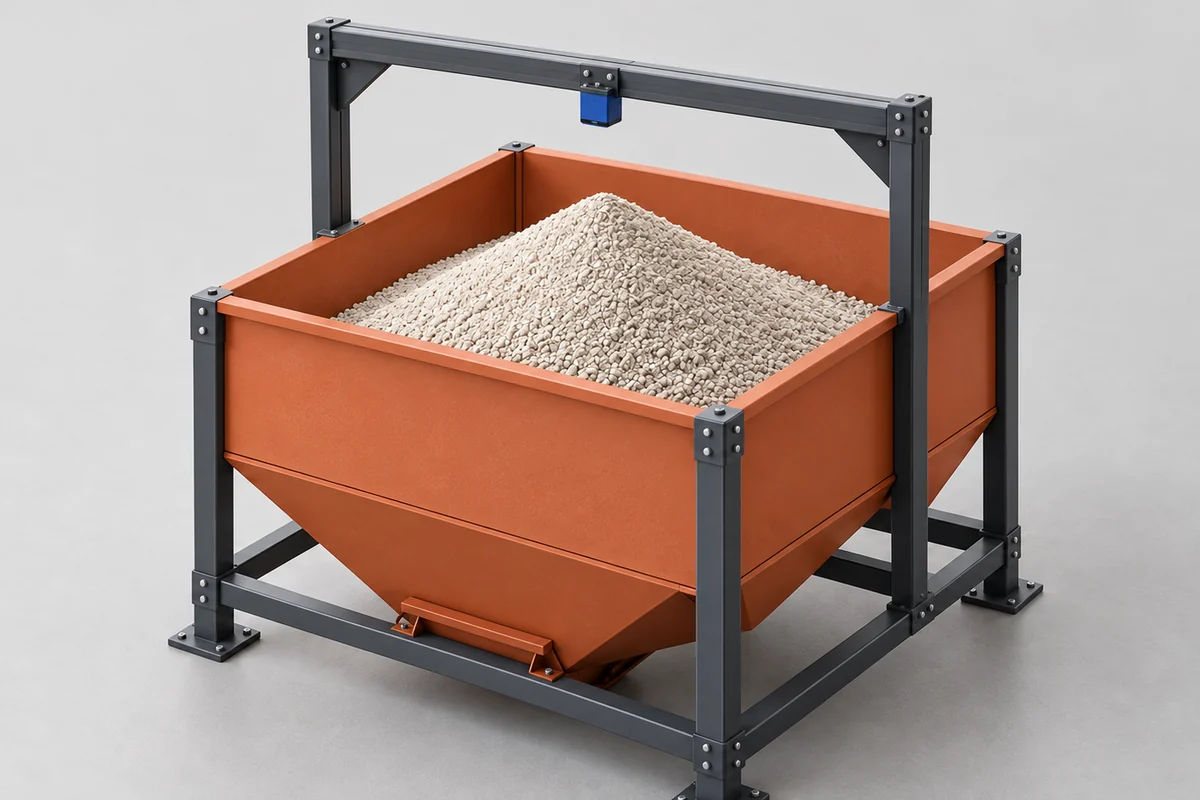 Application illustration of a small overhead depth sensor observing granular material in an open bin.