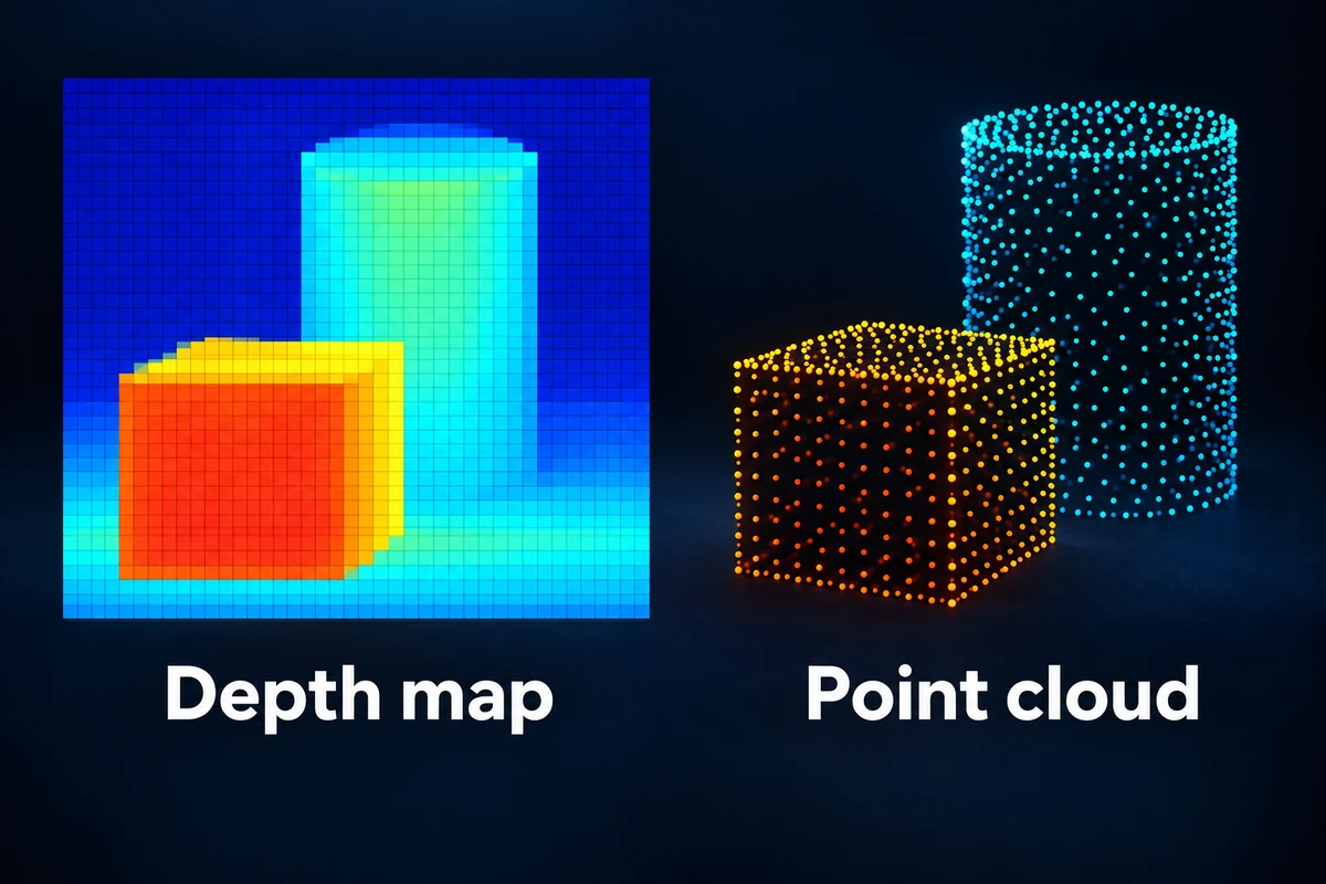 Concept depth map and point cloud showing a cube in front of a cylinder.