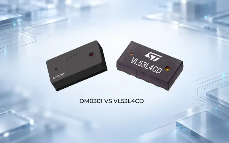 DM0301 and VL53L4CD optical sensor packages shown side by side against a subtle abstract technology scene.