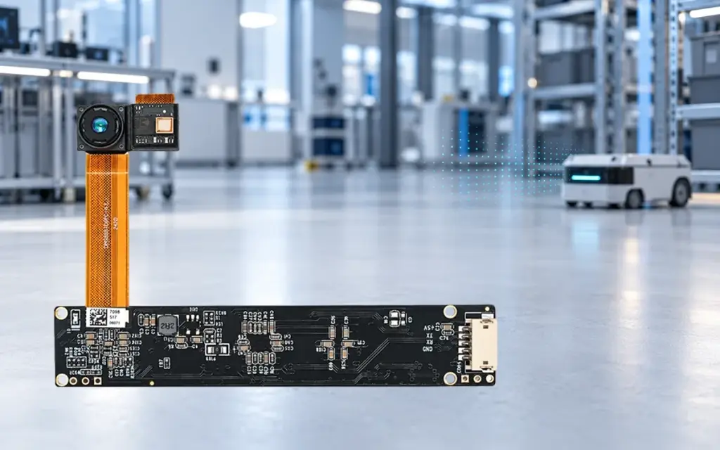 DM5005A ToF camera module, flex cable and USB motherboard shown against a conceptual mobile-robot application scene.