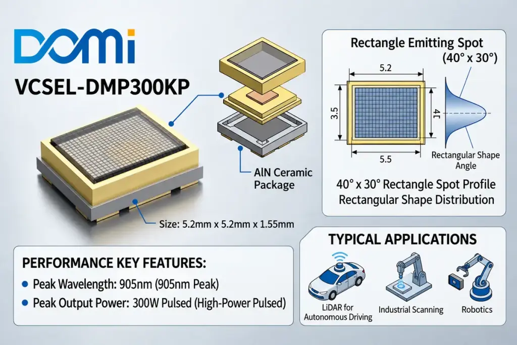 DMP300KP VCSEL package and exploded view with a rectangular beam profile, specifications and application illustrations