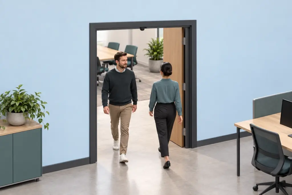 Application illustration of a tiny downward-facing doorway sensor above two people crossing the threshold.