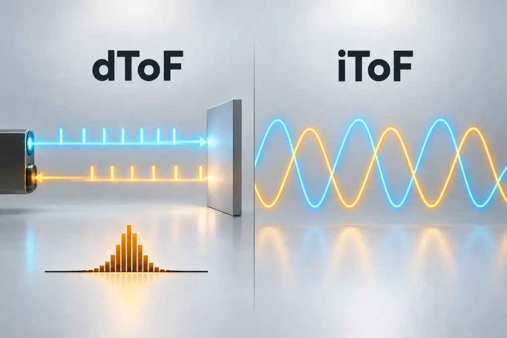 Concept comparison of pulse timing and phase-shifted waveforms in dToF and iToF sensing.