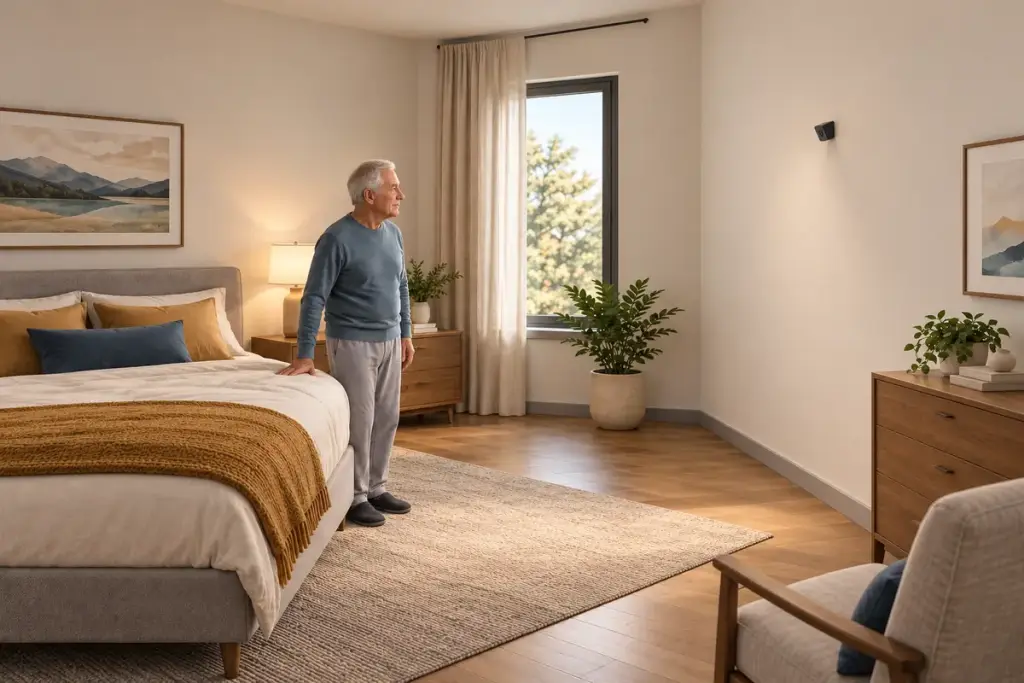 Application illustration of an older adult beside a bed within view of a small room-mounted depth sensor.