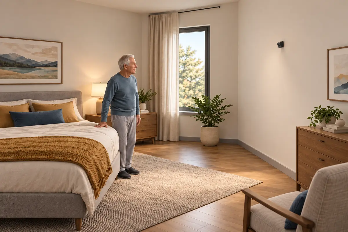 Application illustration of an older adult beside a bed within view of a small room-mounted depth sensor.