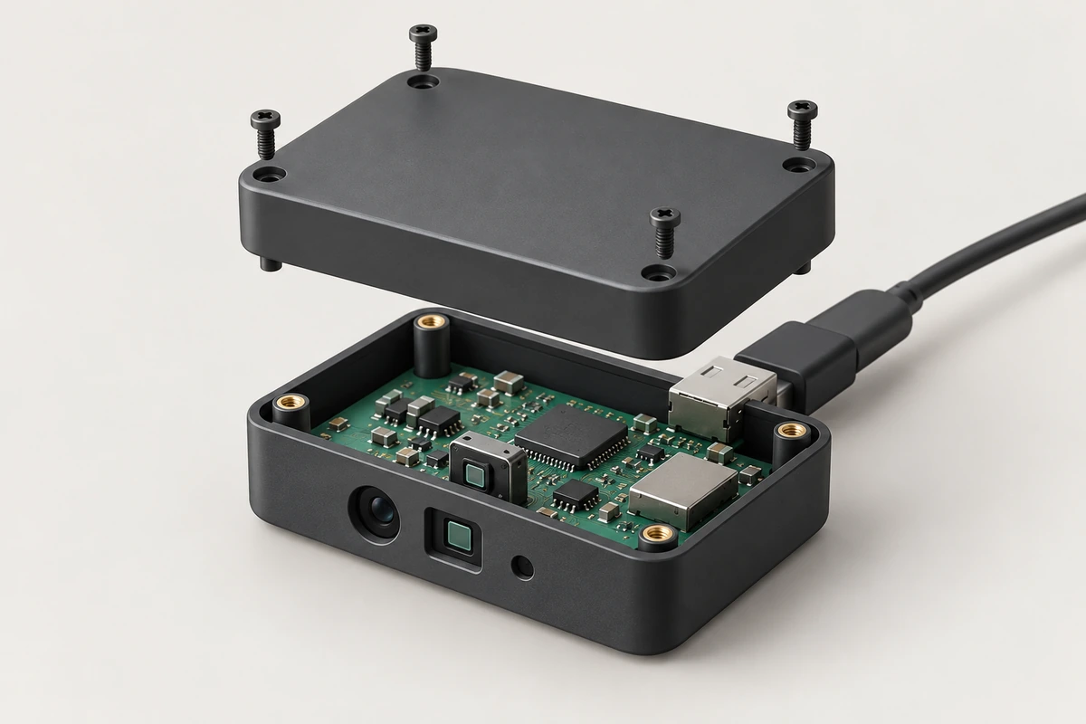 Application illustration of a compact embedded sensor board aligned with optical openings in its enclosure.