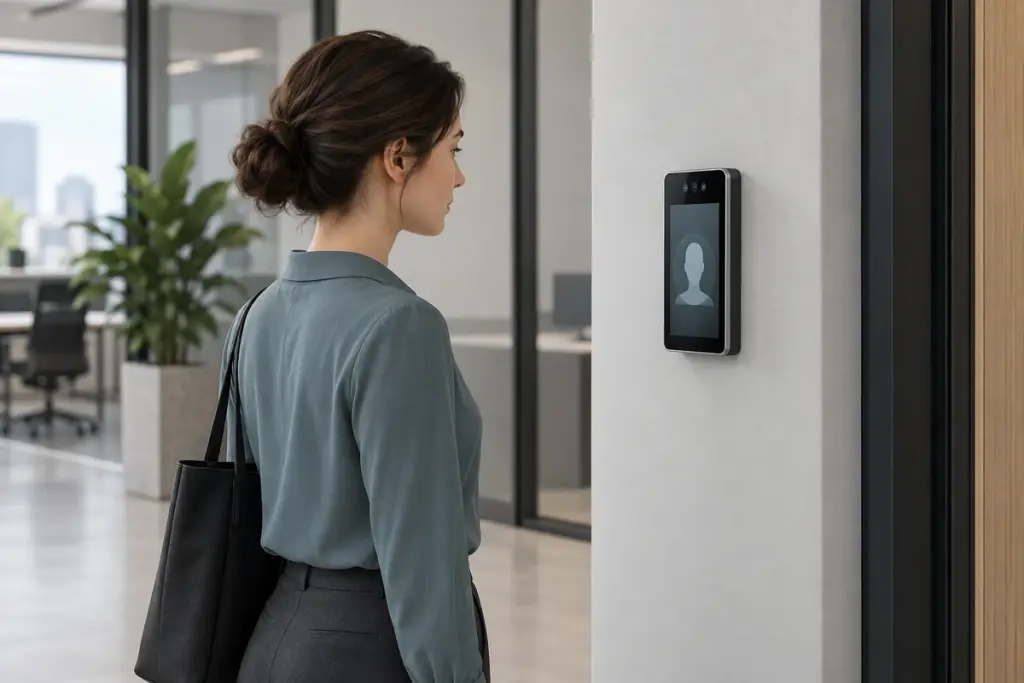 Application illustration of a woman facing a compact wall-mounted terminal with integrated optical sensors.