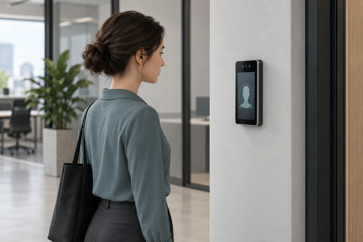 Application illustration of a woman facing a compact wall-mounted terminal with integrated optical sensors.