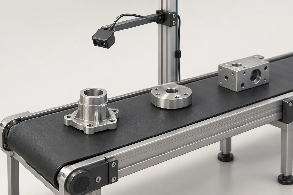 Application illustration of a compact camera angled toward parts on a machine-vision conveyor.