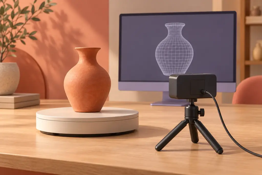 Small tripod-mounted camera facing a terracotta vase on a turntable, with a matching wireframe on a monitor.