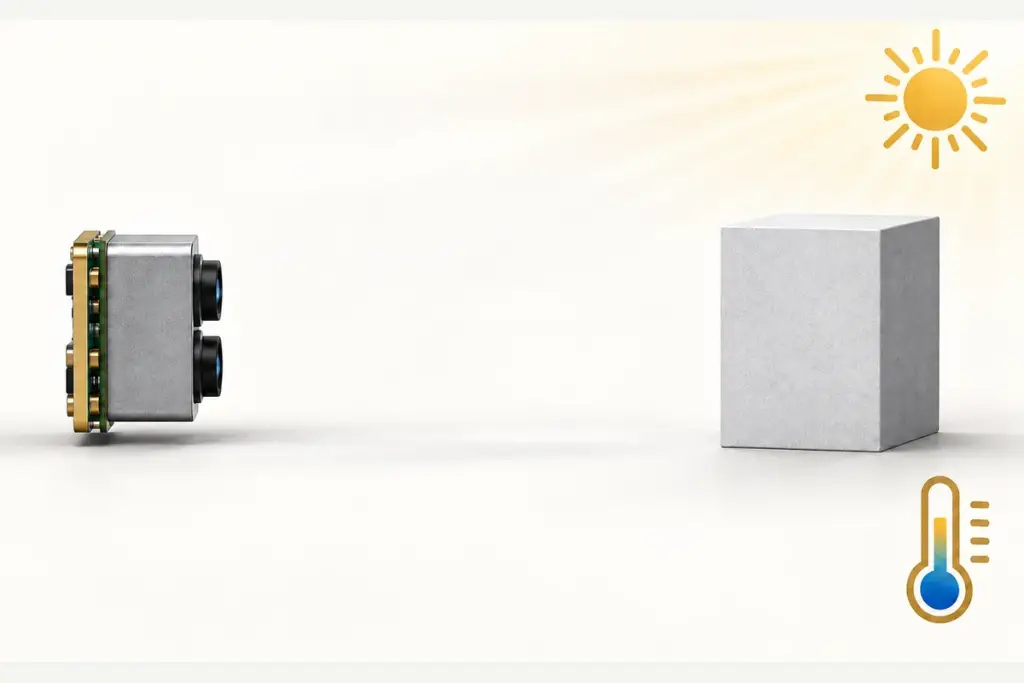 Side-view concept of a ToF camera facing a target, with sunlight and temperature symbols.