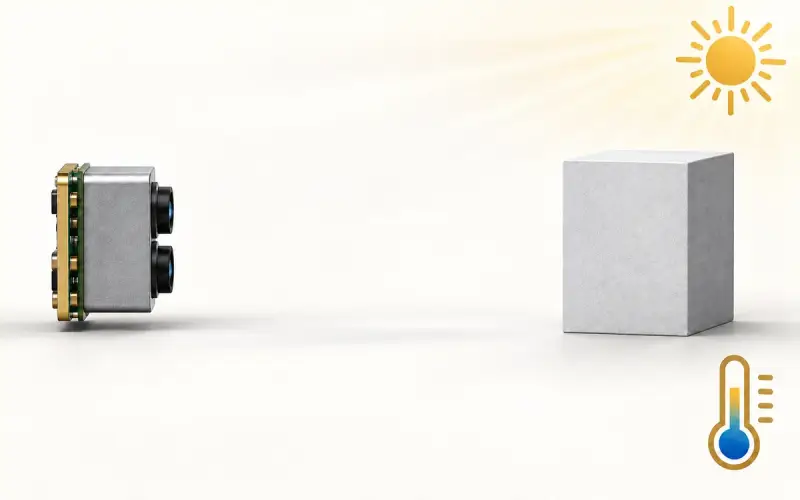 Side-view concept of a ToF camera facing a target, with sunlight and temperature symbols.