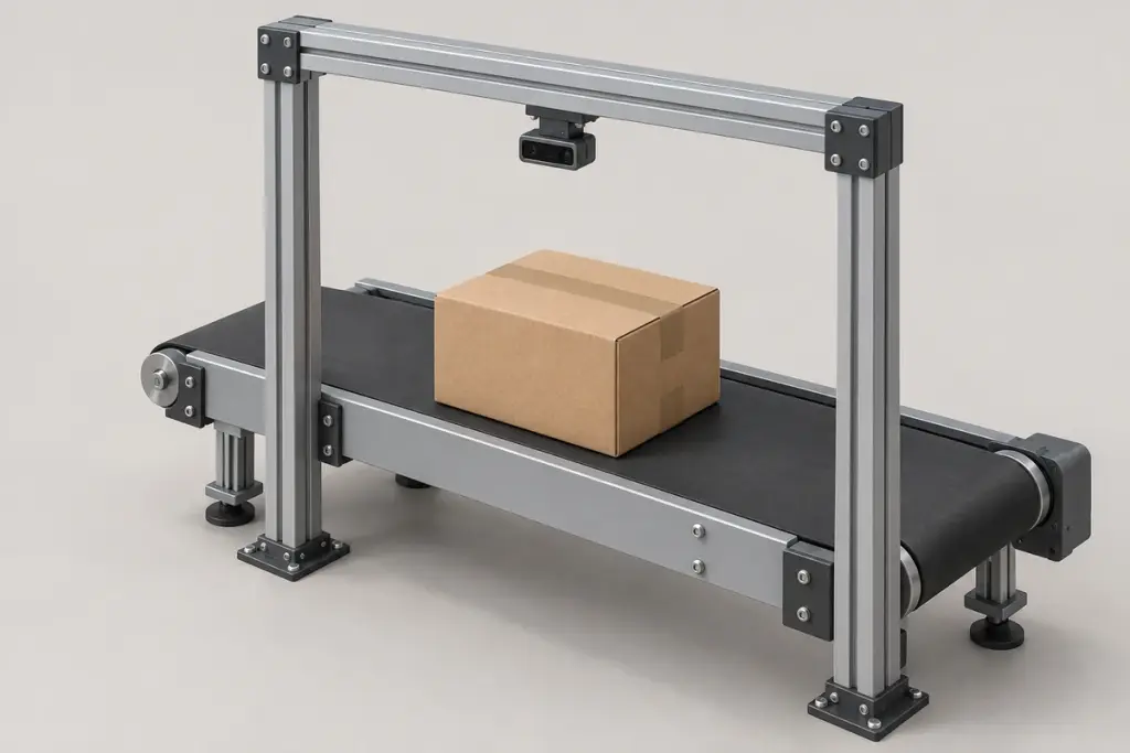 Application illustration of a compact downward-facing depth camera above a parcel conveyor.