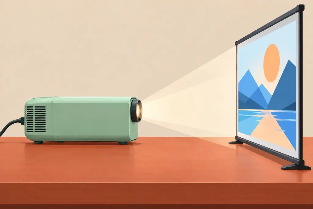 Mint-green projector with light expanding from its front lens toward a blue and peach image on a screen.